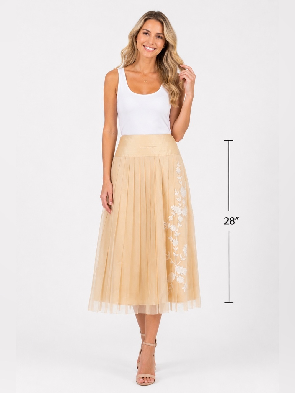 Robert Rodriguez 100% Silk Pleated Embroidered Midi Skirt Champagne Gold Size 6